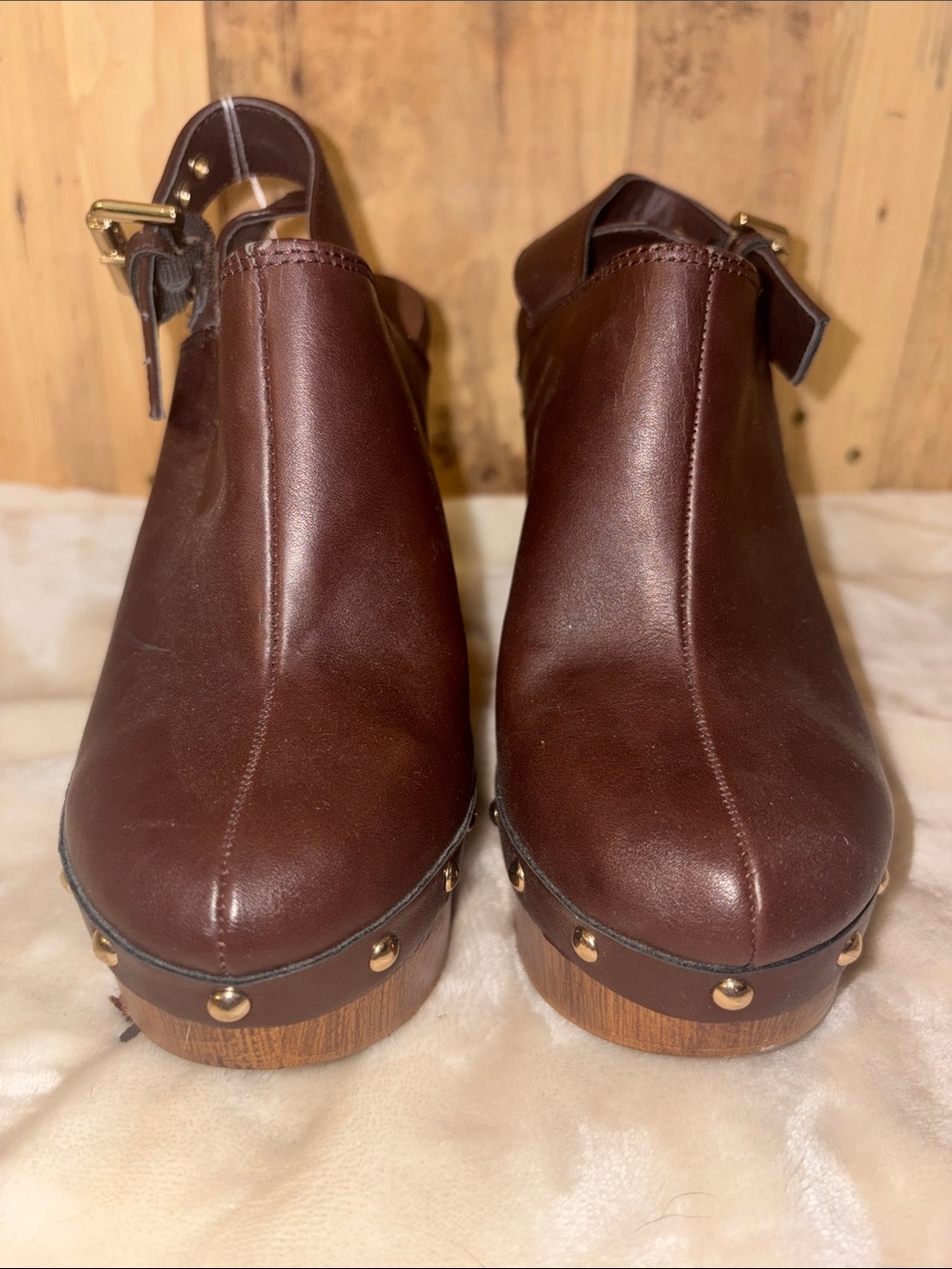 #139 Farylrobin Brown Leather Studded Clog Mules